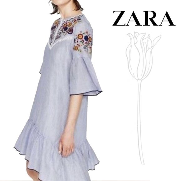 ZARA Blue & White Striped Floral Embroidered Dress - Picture 2 of 14
